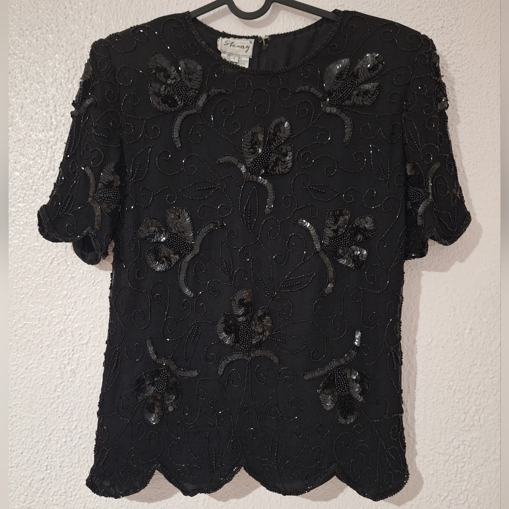 STENAY SILK Black Beaded Floral Blouse